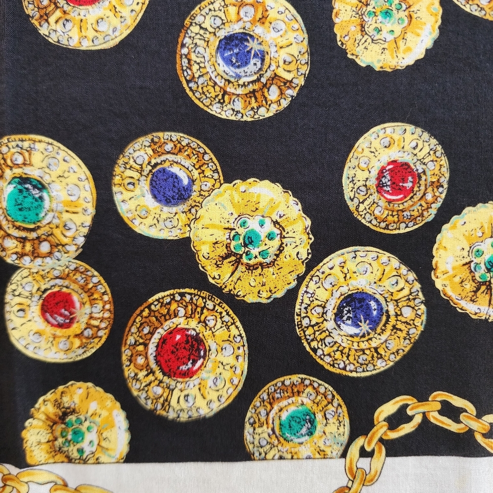 Celine Black & White Silk Bandanna with Gold, Red, Blue & Green Medallions EUC - Picture 8 of 15